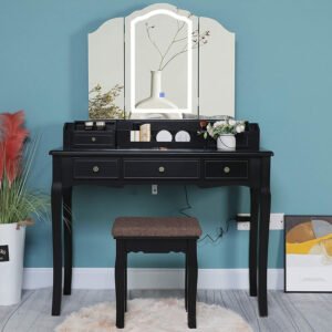 Midcentury Modern Dresser Set European Royal Style Black Solid Wood Vanity Makeup Table