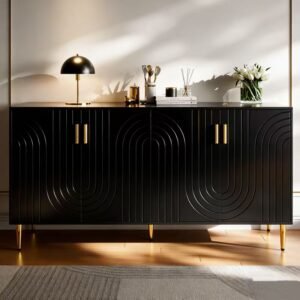 Wooden Kitchen Furniture Storage Cabinet with Shelves and Modern Fluted Black Cupboard Cabinet with 4Doors Organizer for Home