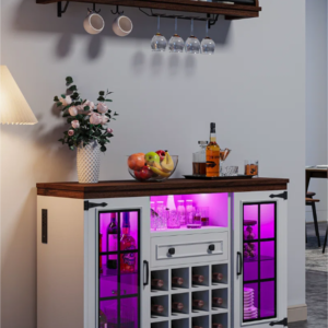 Sideboard with Power Outlets, Liquor Coffee Bar Cabinet with Led Lights and Glass Holder, Wine Cabinet with Racks for Home
